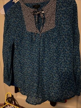 J. Crew Teal Blue Floral Contrast Tie-Neck Blouse Small